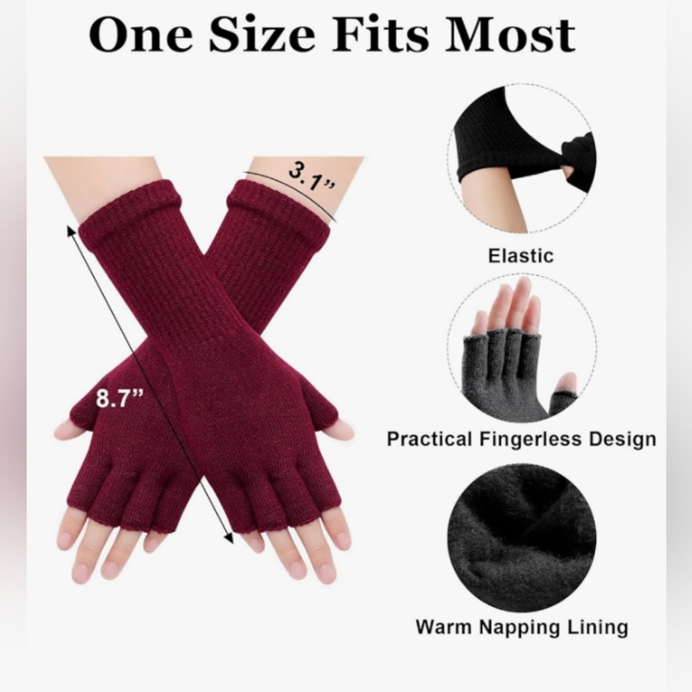 NWOT Premillow Red Unisex Fingerless, Half Finger, Long Cuff Warm Winter Gloves - Picture 4 of 6